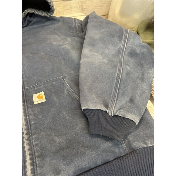 Vtg Carhartt Jacket Navy DISTRESSED Duck Canvas Quilted Hooded Coat See Pics - Picture 3 of 15